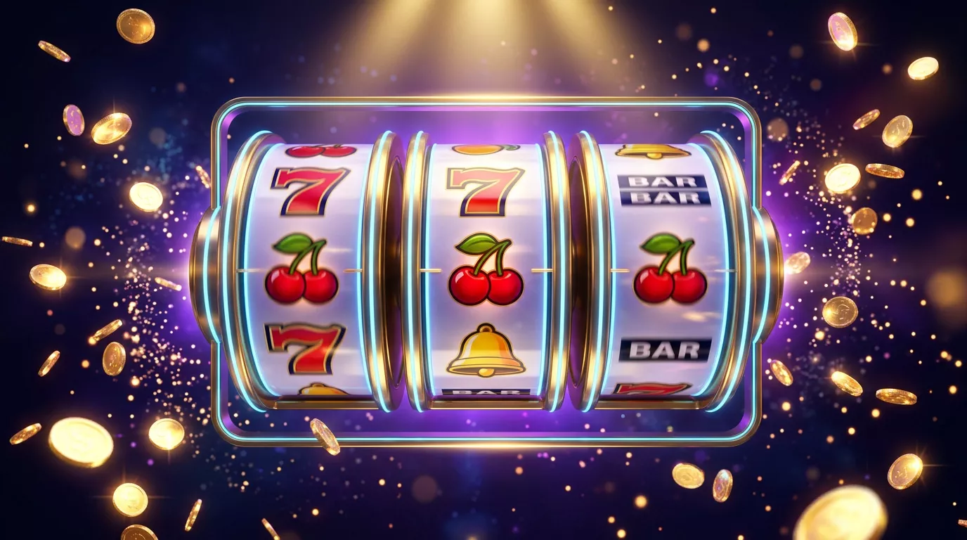 Rodillos de tragamonedas online iluminados con destellos dorados y ambiente de casino digital