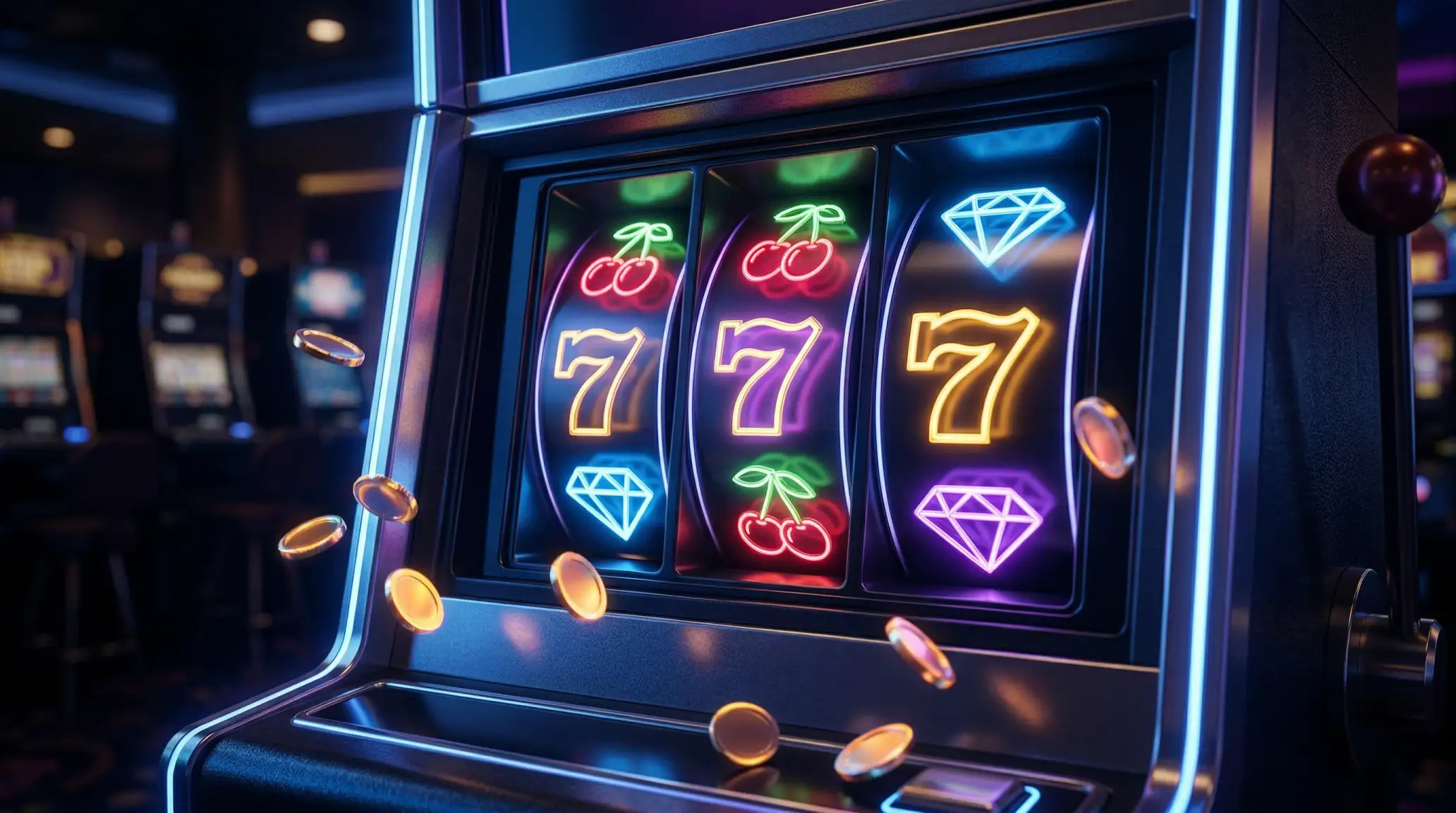 Renkli isiklar altinda parlayan modern dijital slot makinesi ekrani
