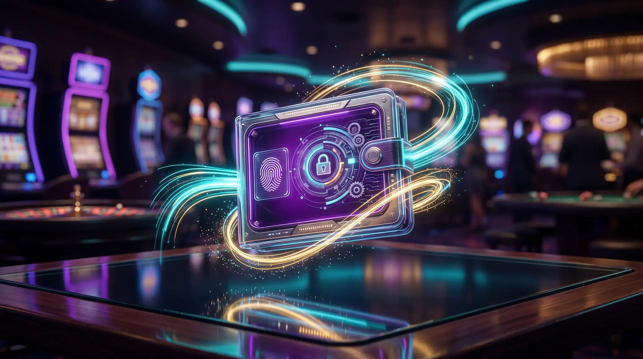 Skrill dijital cuzdan arayuzu ve casino oyun masasi uzerinde guvenli odeme isareti