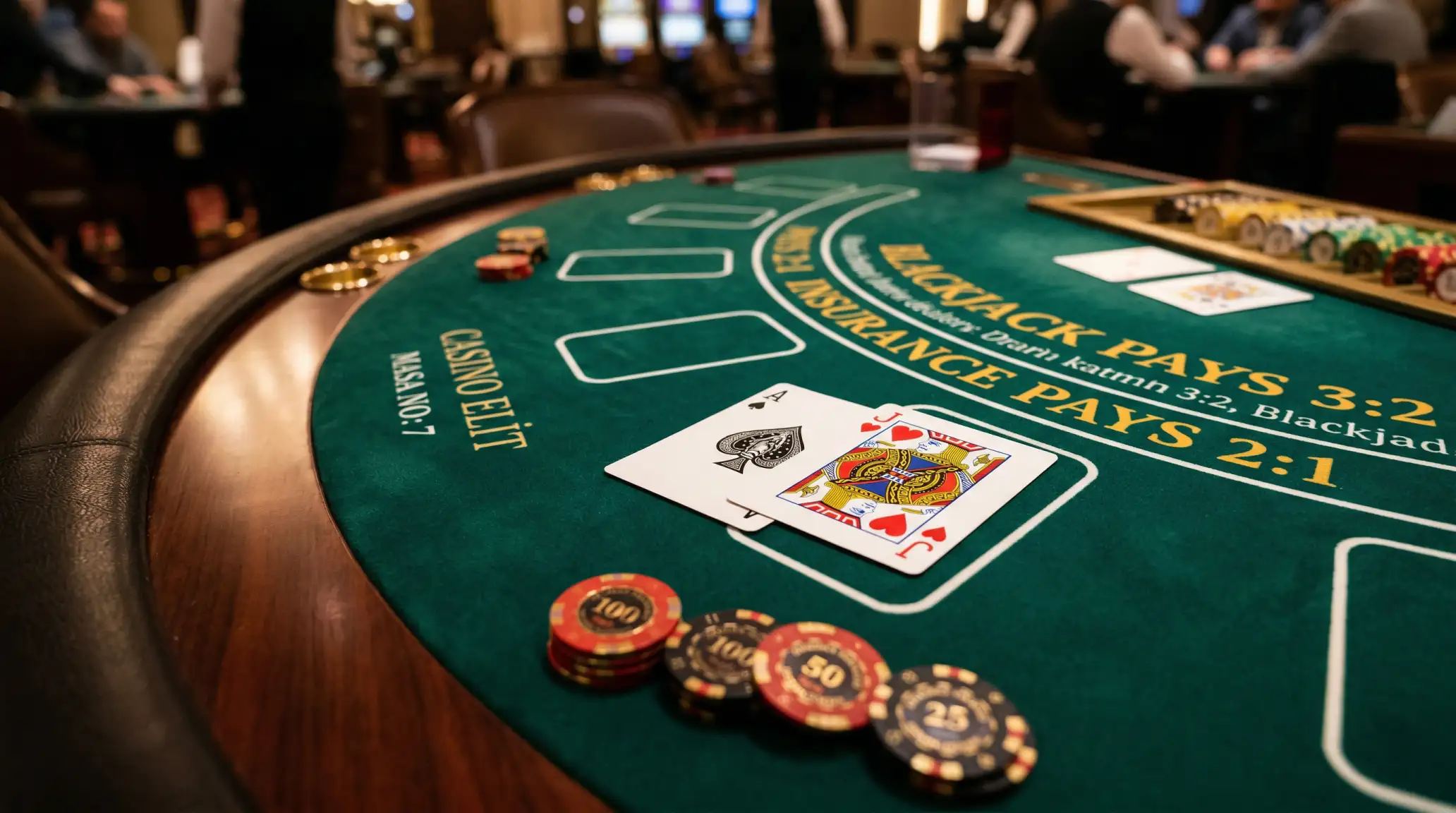 Online blackjack oyun masasi uzerinde iskambil kartlari ve fislerin gorunumu