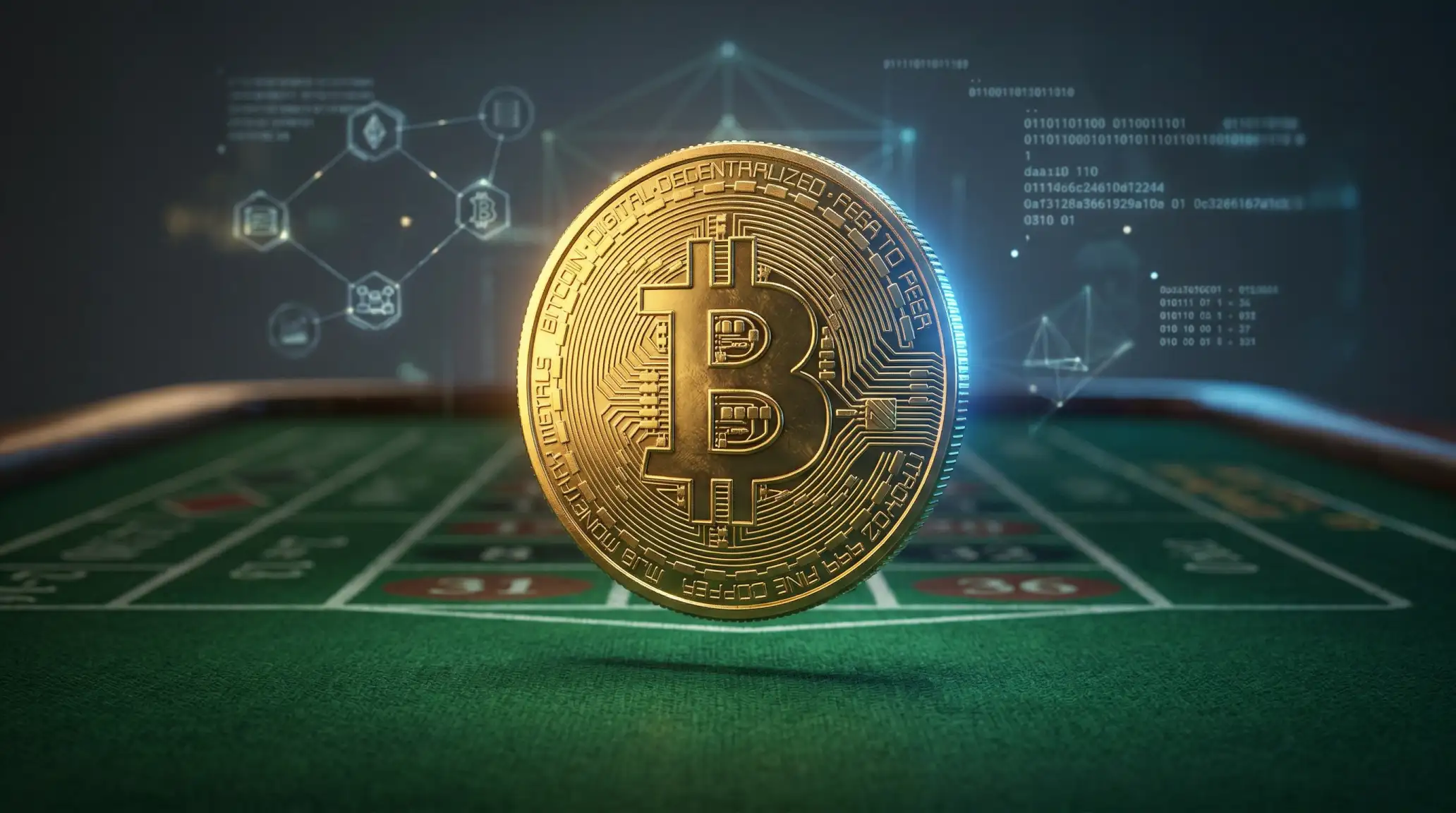 Bitcoin sembolu ve casino oyun masasi ile dijital odeme konsepti gorseli