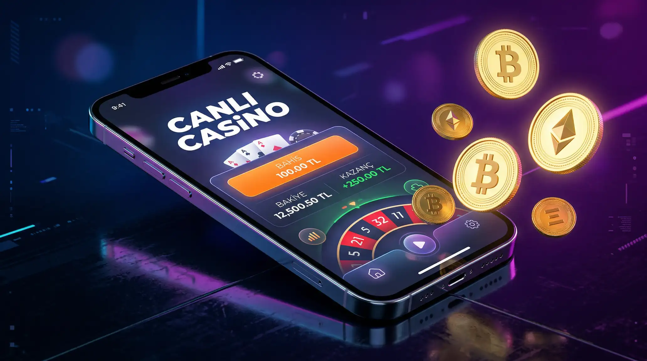 Online casino platformunda anonim oyun deneyimi gosteren dijital arayuz ve kripto para sembolleri