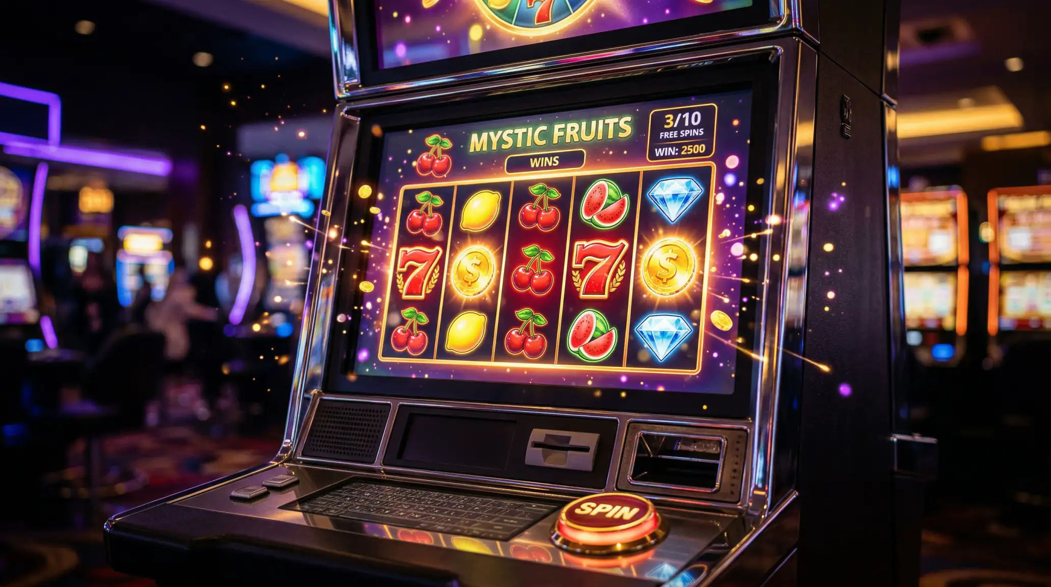 Online slot makinesinde parlayan ucretsiz donus sembolleri ve renkli oyun ekrani