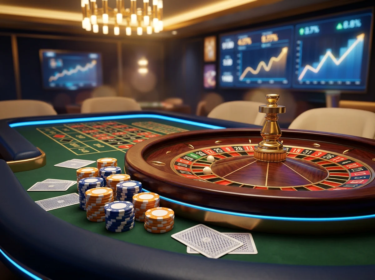 Roulettewiel en speelkaarten in neonverlichting als symbool voor uitbetalingspercentages bij online casino's in Nederland