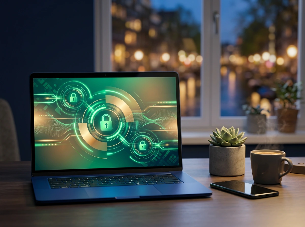 Laptop met online casino-interface op een bureau met uitzicht op de avondlijke skyline van Amsterdam - veilig online gokken in Nederland