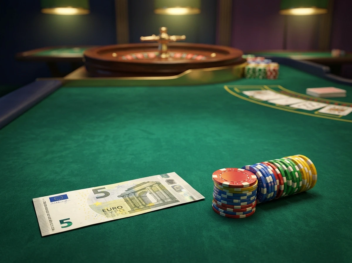 Speeltafel met fiches en een vijf euro biljet in een online casino-omgeving