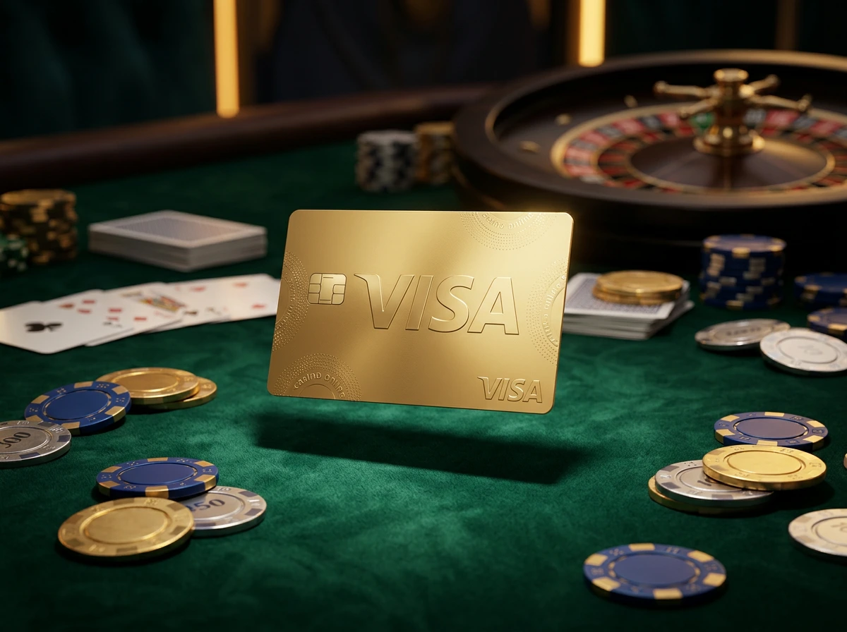 Visa card payment at an online casino table with chips and digital interface