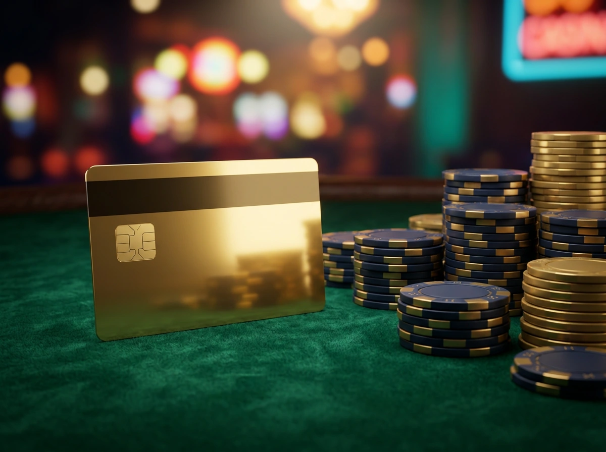 Carte Visa posee sur une table de jeu dans un casino en ligne avec des jetons et un eclairage tamisee