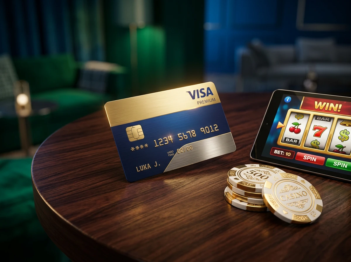 Visa kartica in zeton na zeleni igralni mizi v spletni igralnici