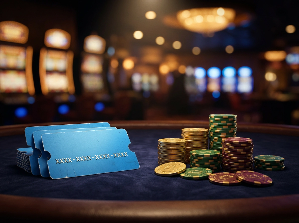 Voucher Paysafecard accanto a fiches da casino su un tavolo da gioco illuminato, simbolo dei pagamenti prepagati nei casino online italiani