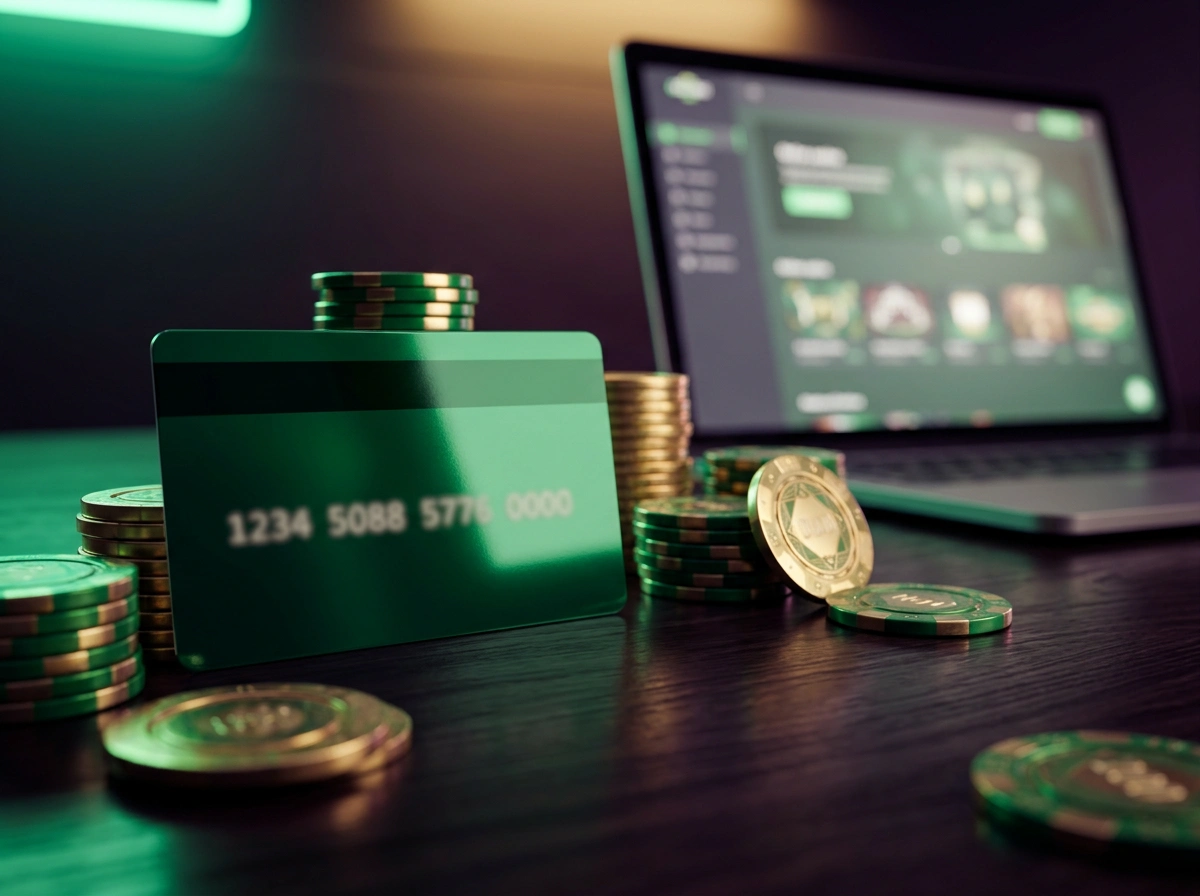 Voucher prepagato Neosurf con fiches da casino e schermo di gioco online su sfondo scuro con luci al neon