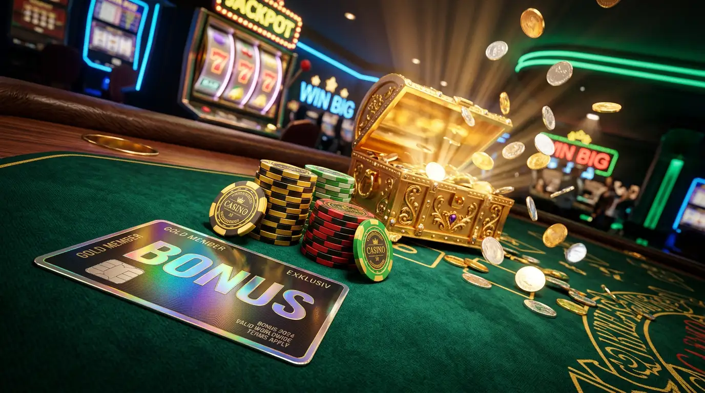 Willkommensbonus im Online-Casino mit Chips und Bonusguthaben auf einem Spieltisch