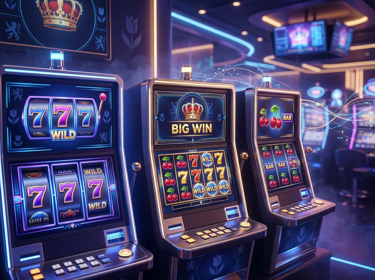 Sfeerbeeld van moderne gokkasten met neonverlichting in een digitale casino-omgeving