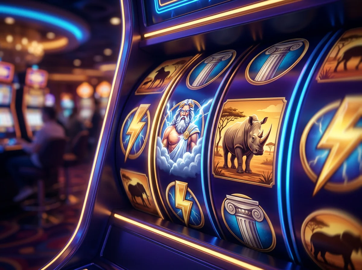 Hracie automaty WMS Gaming s ikonickymi symbolmi greckej mytologie a africkej savany v modernom kasinovom prostredi