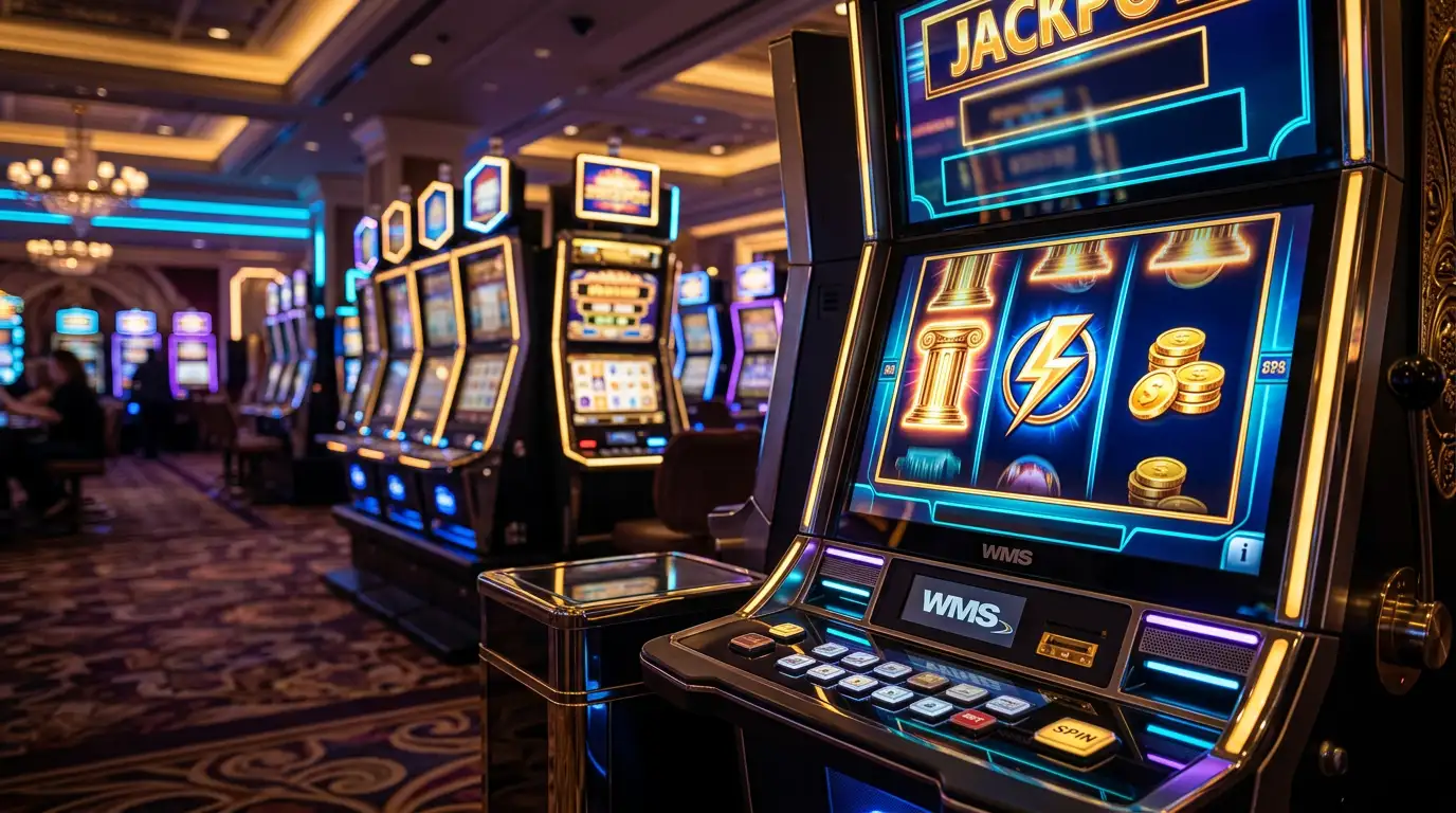 WMS Gaming Spielautomaten mit leuchtenden Walzen und klassischen Symbolen in einem modernen Online-Casino-Ambiente