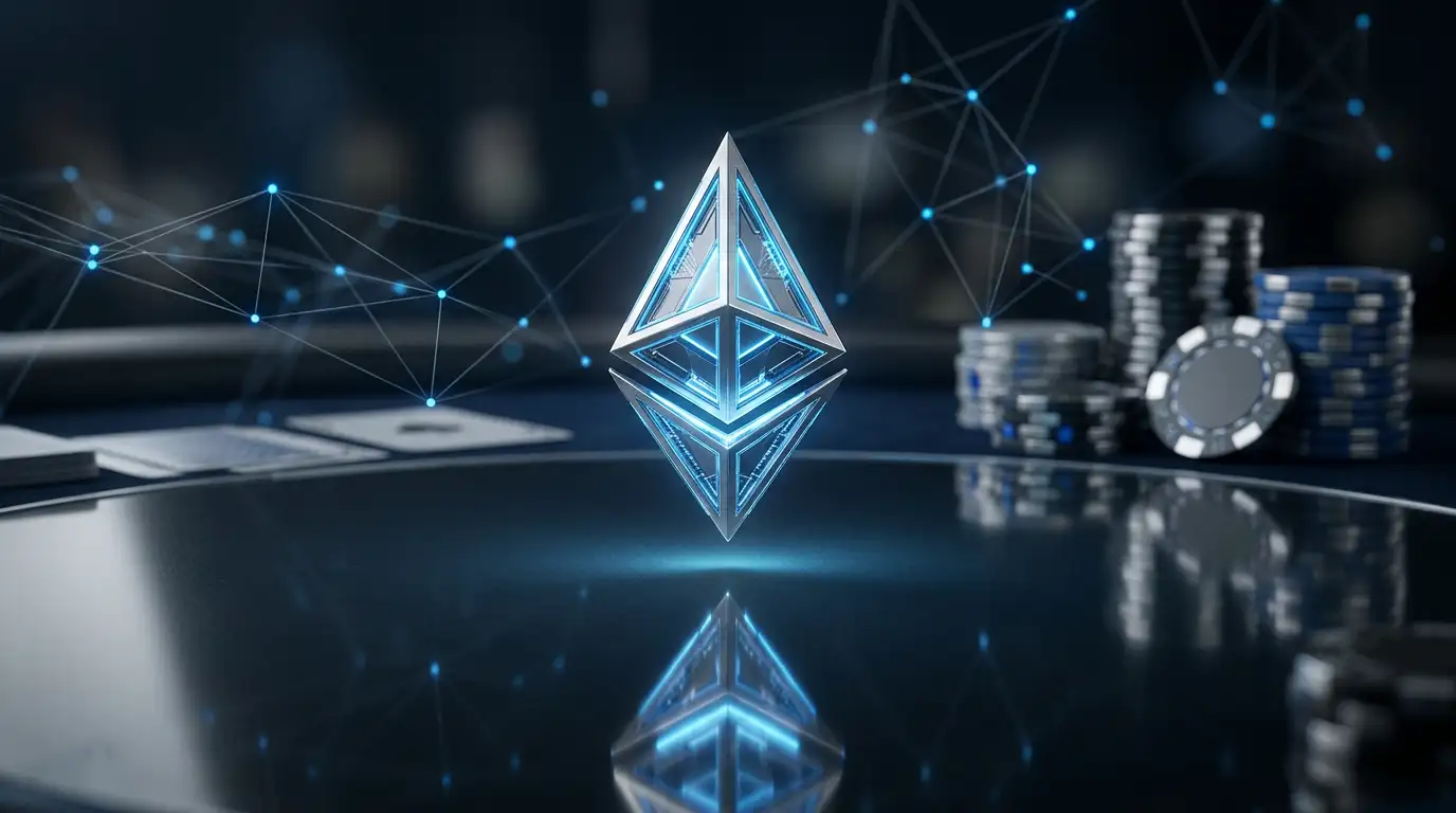 Οπτική αναπαράσταση του δικτύου Ethereum σε σκηνικό διαδικτυακού καζίνο με ψηφιακά νομίσματα ETH