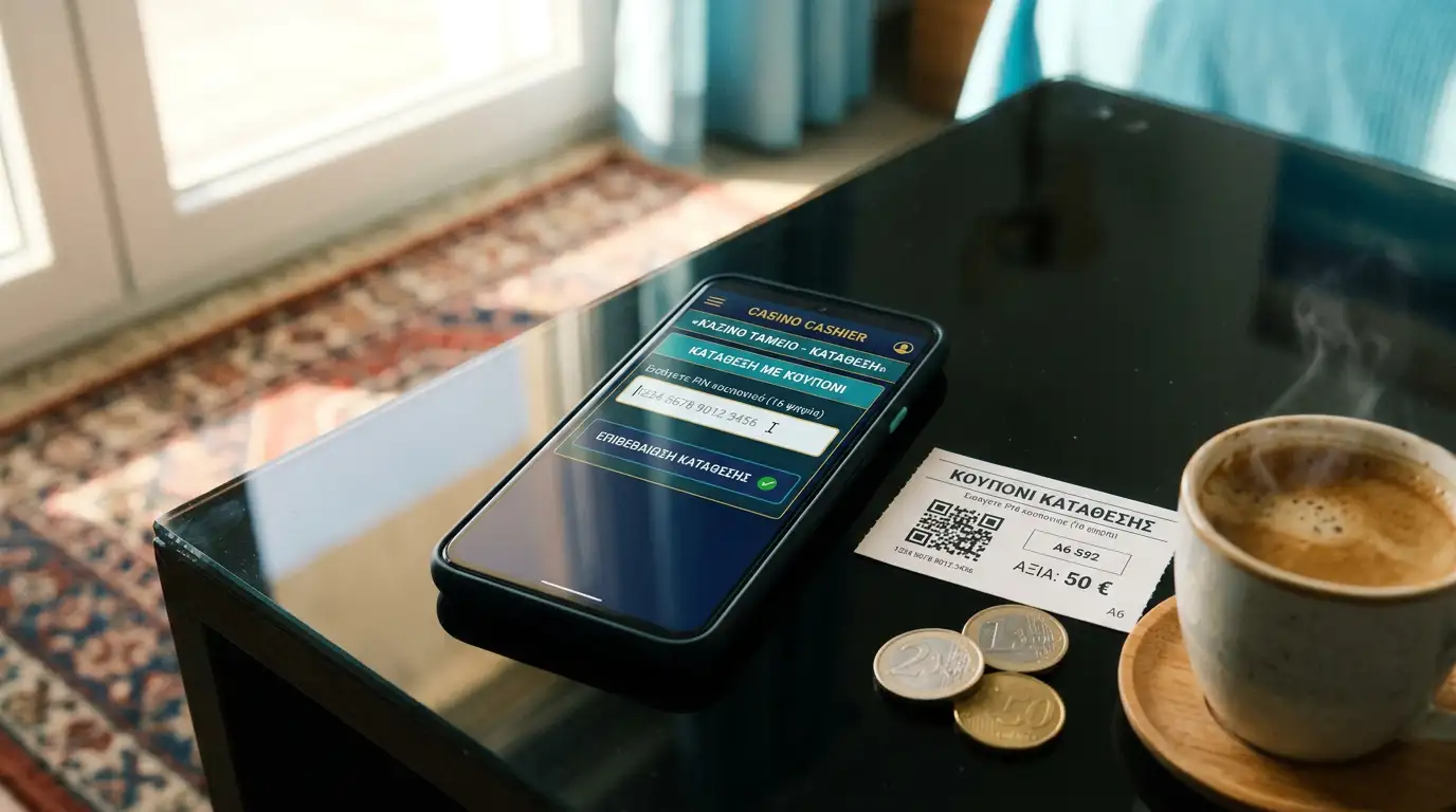 Προπληρωμένος κωδικός Paysafecard σε οθόνη κινητού για κατάθεση σε ελληνικό διαδικτυακό καζίνο
