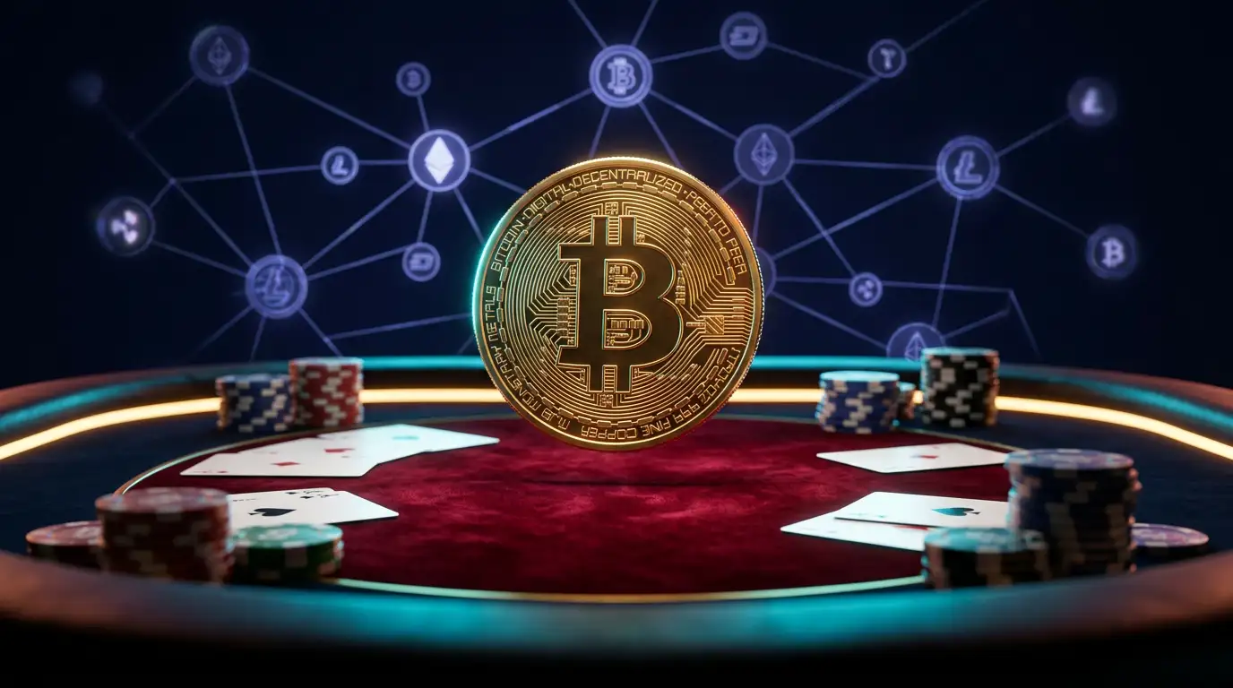 Bitcoin κρυπτονόμισμα σε ψηφιακή σκηνή online καζίνο με φόντο ρουλέτα και blockchain στοιχεία