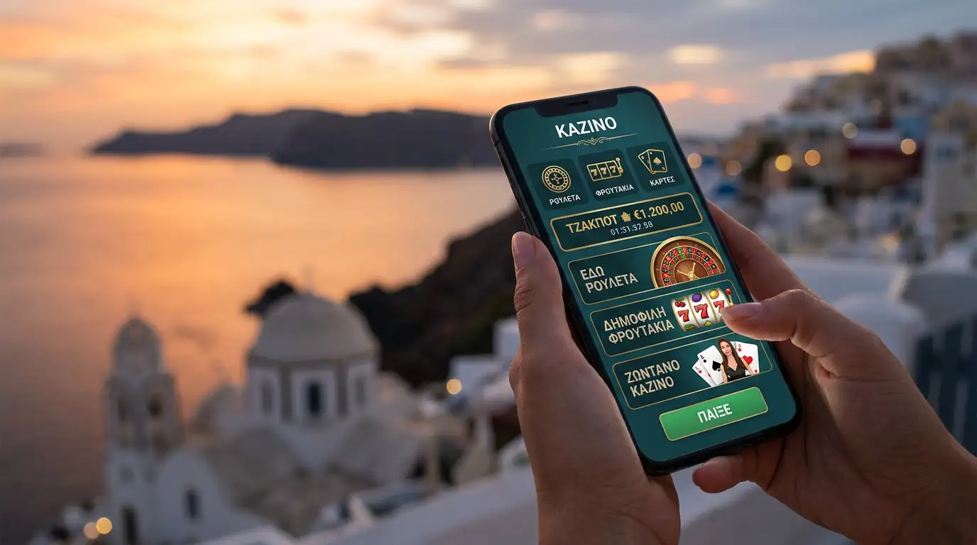 Έλληνας παίκτης χρησιμοποιεί εφαρμογή παιχνιδιών στο smartphone με φόντο το ηλιοβασίλεμα στο Αιγαίο